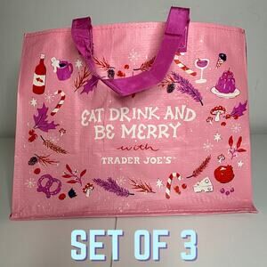 SET 3x Trader Joe's Eat Drink Be Merry Pink Christmas Holiday Gift Tote Bag NWT!